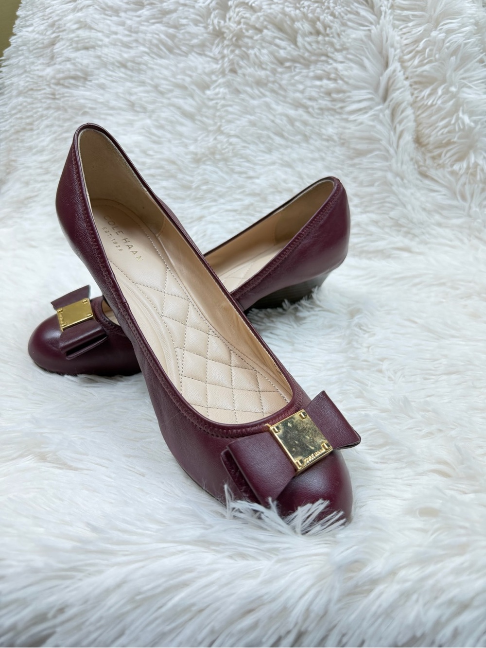 Cole Haan Burgundy Leather Bow Pumps with Gold Accent